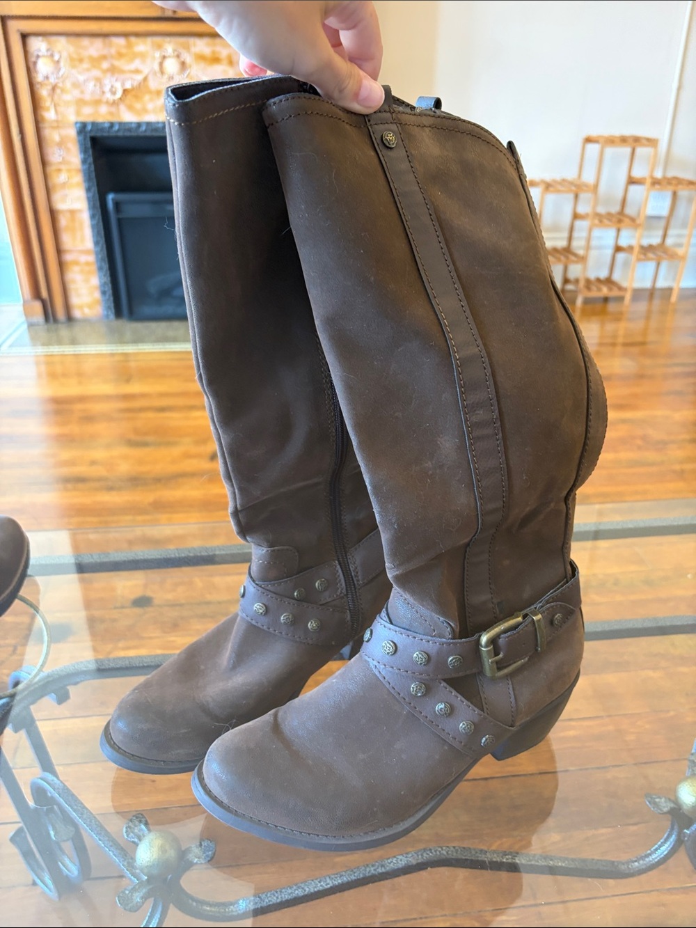 Women’s Brown Studded Harness Knee-High Boots
